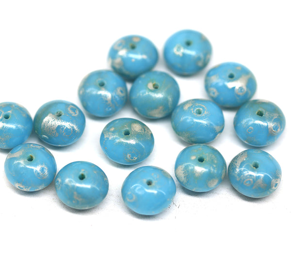 6x9mm Turquoise blue rondelle czech glass donut beads Silver wash - 15pc