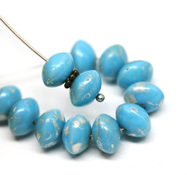 6x9mm Turquoise blue rondelle czech glass donut beads Silver wash - 15pc
