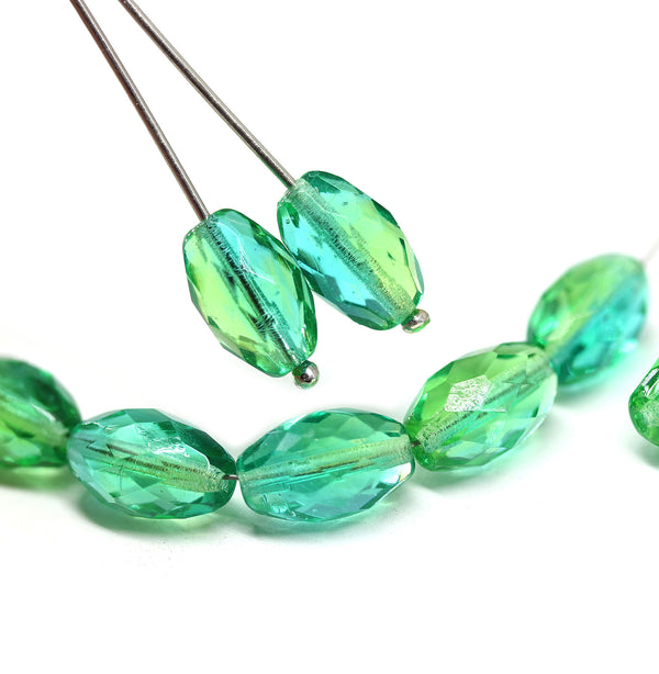 12x8mm Teal yellow barrel czech glass fire polished oval beads, 6Pc