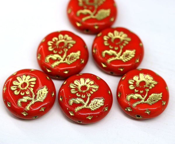 18mm Red flower Czech glass beads, gold wash, 2pc