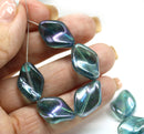 19x13mm Green oval Czech glass large wavy beads blue luster - 4Pc