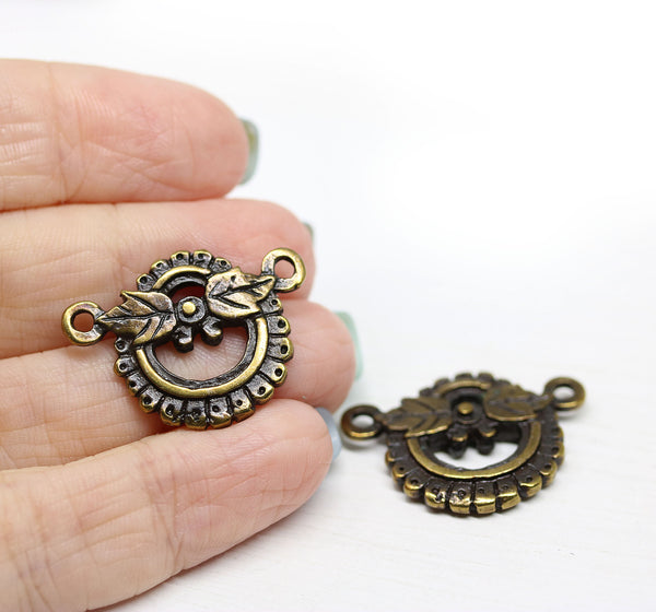 Leaf ornament round antique brass connector 2pc
