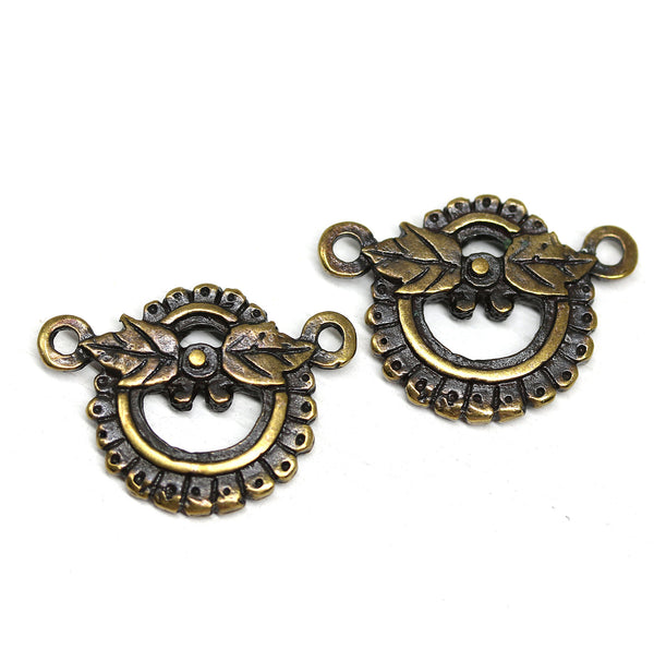 Leaf ornament round antique brass connector 2pc