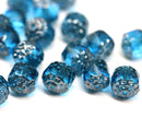 8mm Indicolite blue cathedral Czech glass fire polished beads, silver ends - 10Pc