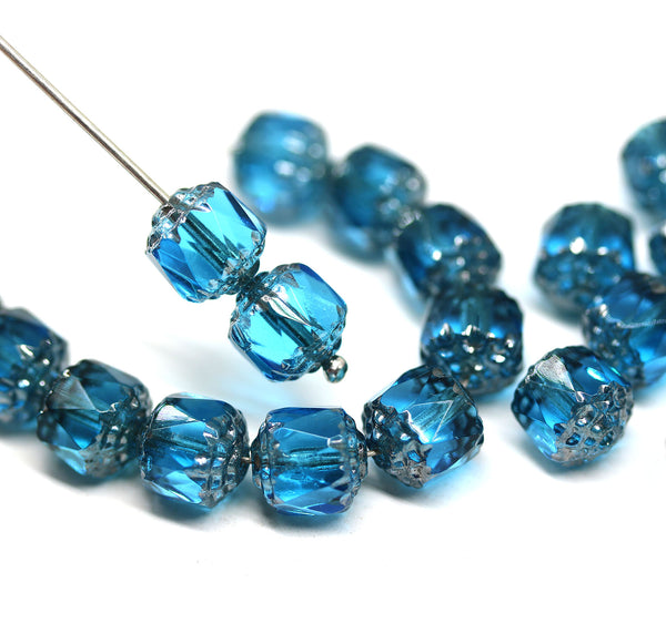 8mm Indicolite blue cathedral Czech glass fire polished beads, silver ends - 10Pc