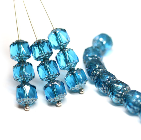 8mm Indicolite blue cathedral Czech glass fire polished beads, silver ends - 10Pc