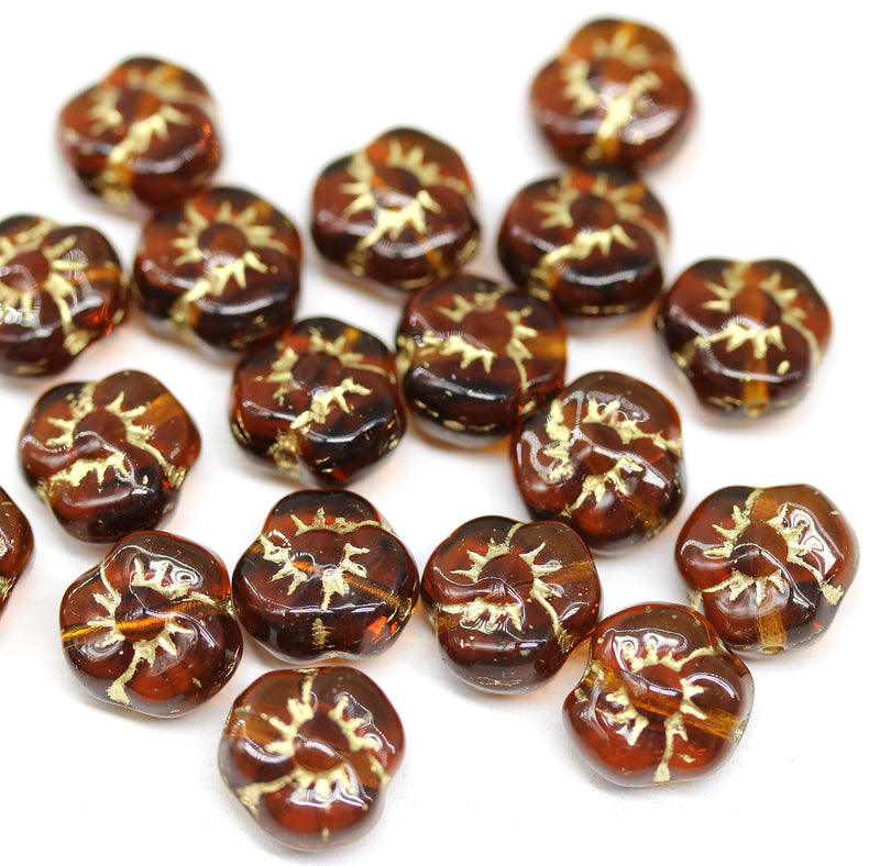 9mm Brown topaz czech glass flower gold wash three petal daisy flower, 20Pc