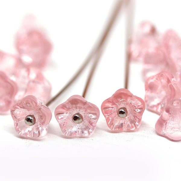 6x8mm Rose pink flower beads czech glass bell caps - 10Pc