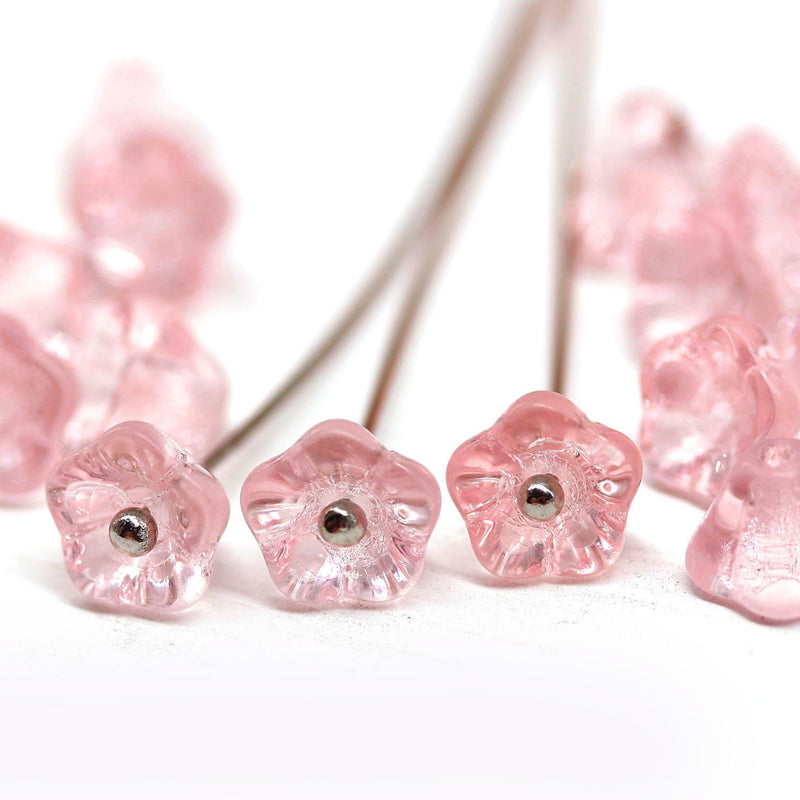 6x8mm Rose pink flower beads czech glass bell caps - 10Pc