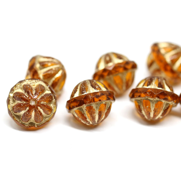 Czech glass topaz and gold large fancy bicone beads for jewelry designs