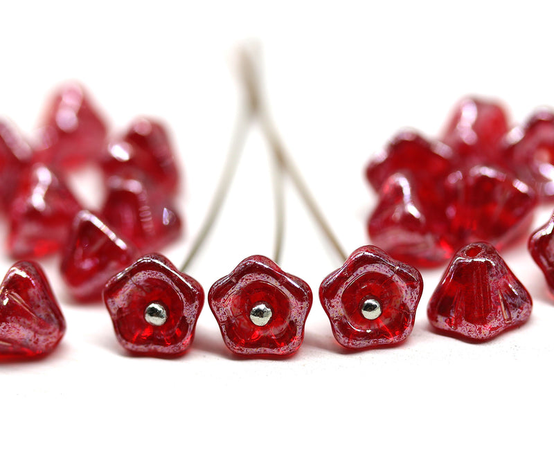6x8mm Red flower beads czech glass bell caps with luster - 20Pc