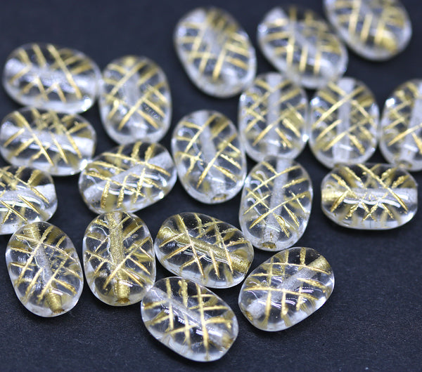 10x7mm Puffy oval clear czech glass pressed beads, gold wash, 20pc