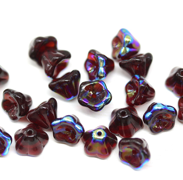 6x8mm Dark Red flower beads czech glass bell caps with luster - 20Pc