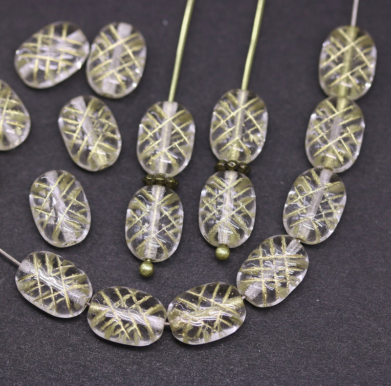 10x7mm Puffy oval clear czech glass pressed beads, gold wash, 20pc