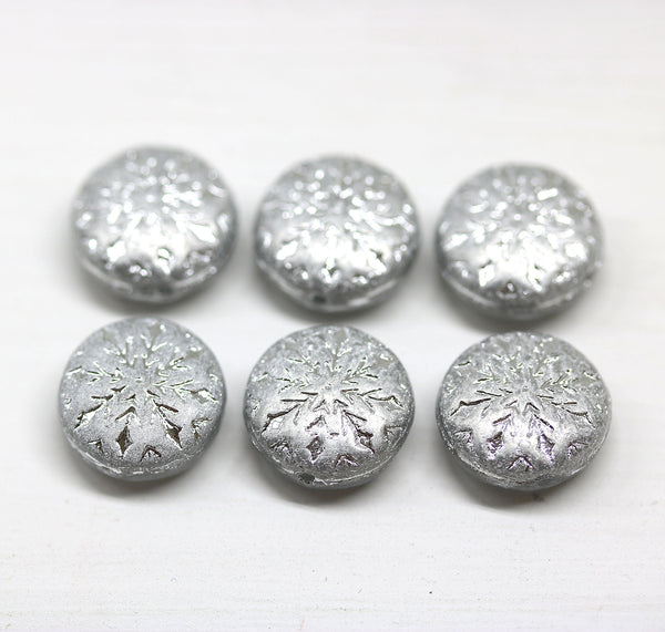 Matte silver czech glass snowflake beads - 6pc