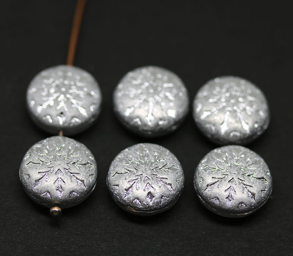 Matte silver czech glass snowflake beads - 6pc