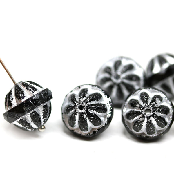 Black large fancy bicone beads, Silver wash fire polished Czech glass