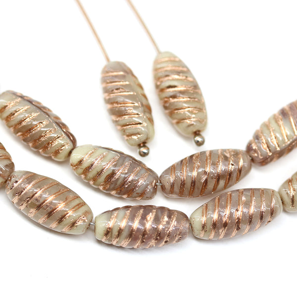 14x7mm Beige long barrel czech glass beads, copper wash, 15Pc