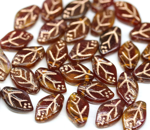 12x7mm Red brown leaf beads, czech glass, 30pc