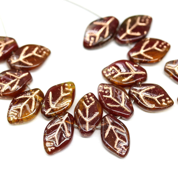 12x7mm Red brown leaf beads, czech glass, 30pc