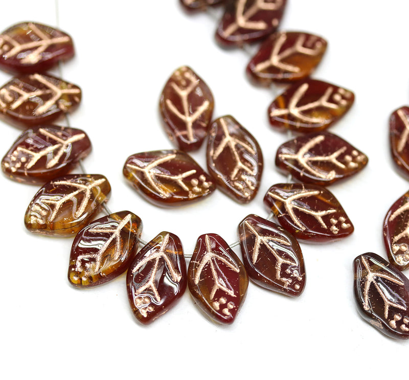 12x7mm Red brown leaf beads, czech glass, 30pc