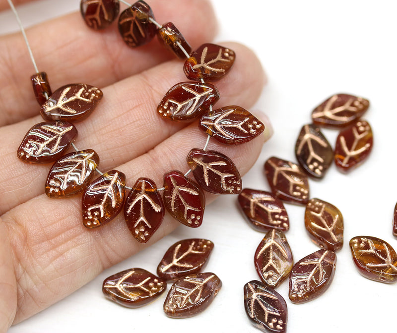 12x7mm Red brown leaf beads, czech glass, 30pc