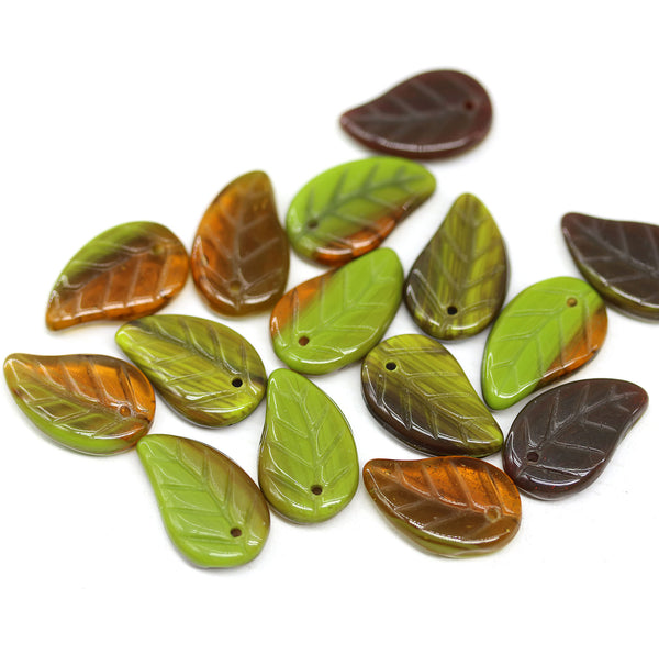 14x9mm Green brown Czech glass leaves, 15pc