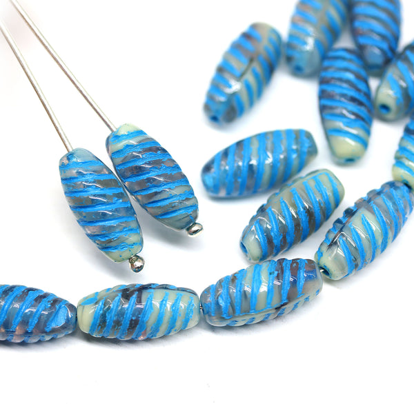 14x7mm Blue beige long barrel czech glass beads, 15Pc