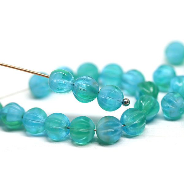 6mm Blue green mixed color melon czech glass beads - 30Pc