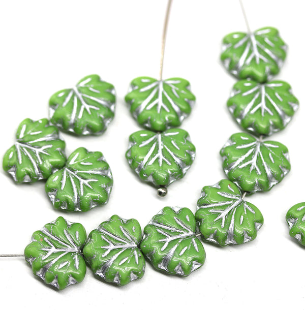 11x13mm Opaque green maple czech glass leaf beads silver wash, 15pc