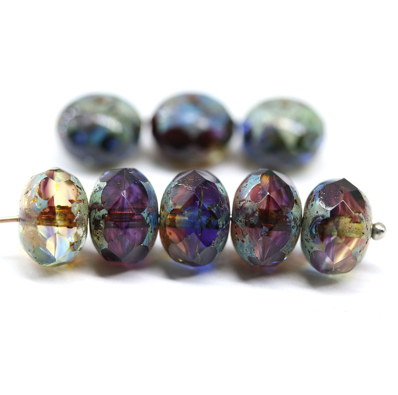 7x11mm Blue purple picasso rondelle Czech glass beads fire polished, 8pc