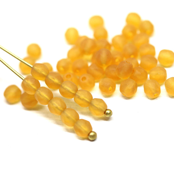4mm Frosted yellow czech glass beads fire polished - 50Pc