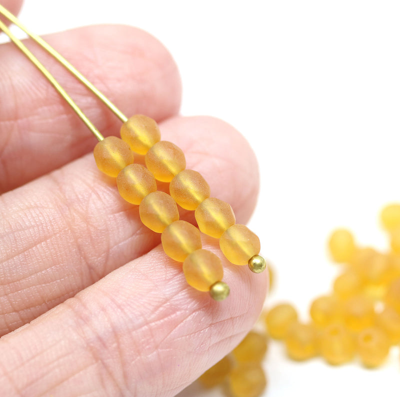 4mm Frosted yellow czech glass beads fire polished - 50Pc