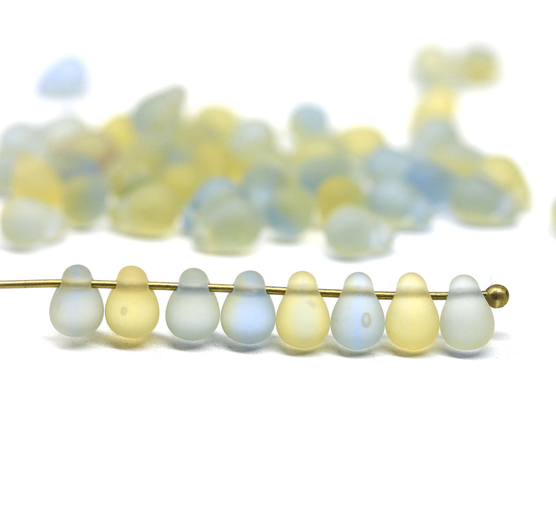 4x6mm Frosted blue yellow small drops czech glass - 50Pc