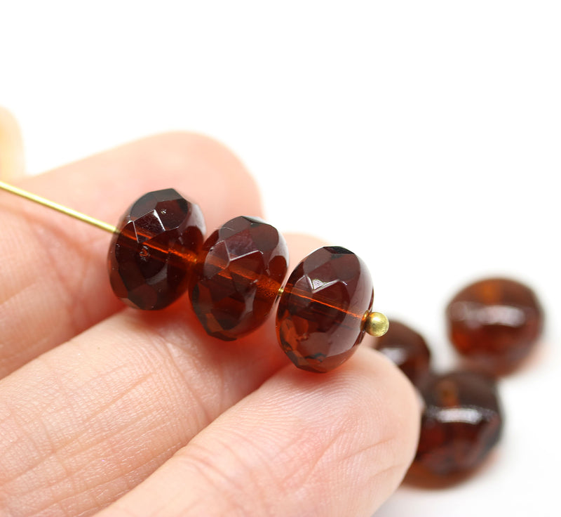 7x11mm Dark topaz rondelle Czech glass beads fire polished, 8pc