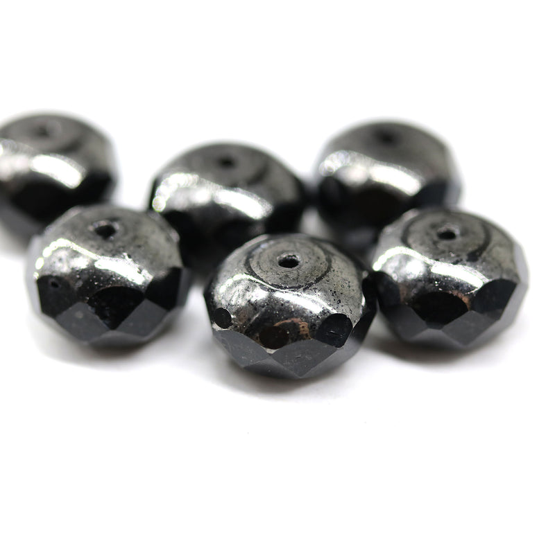 7x11mm Black gunmetal luster rondelle Czech glass beads fire polished, 6pc