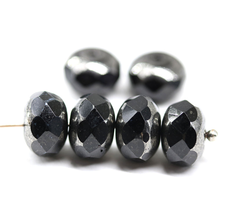 7x11mm Black gunmetal luster rondelle Czech glass beads fire polished, 6pc