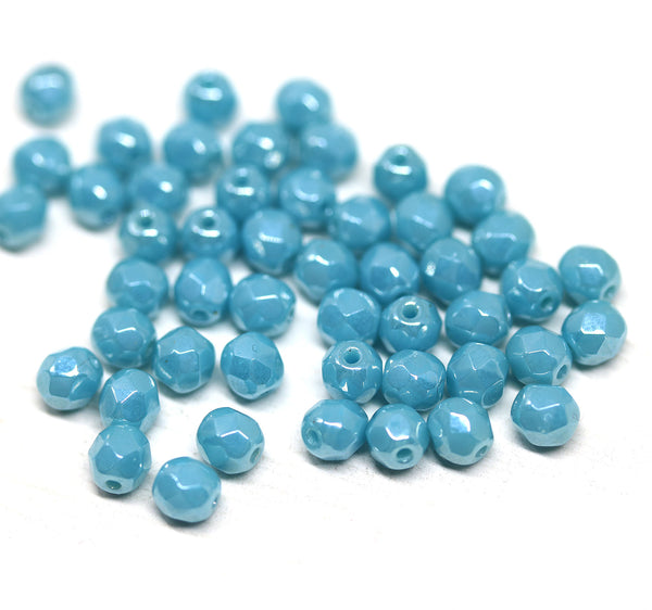 4mm Blue luster czech glass beads fire polished - 50Pc