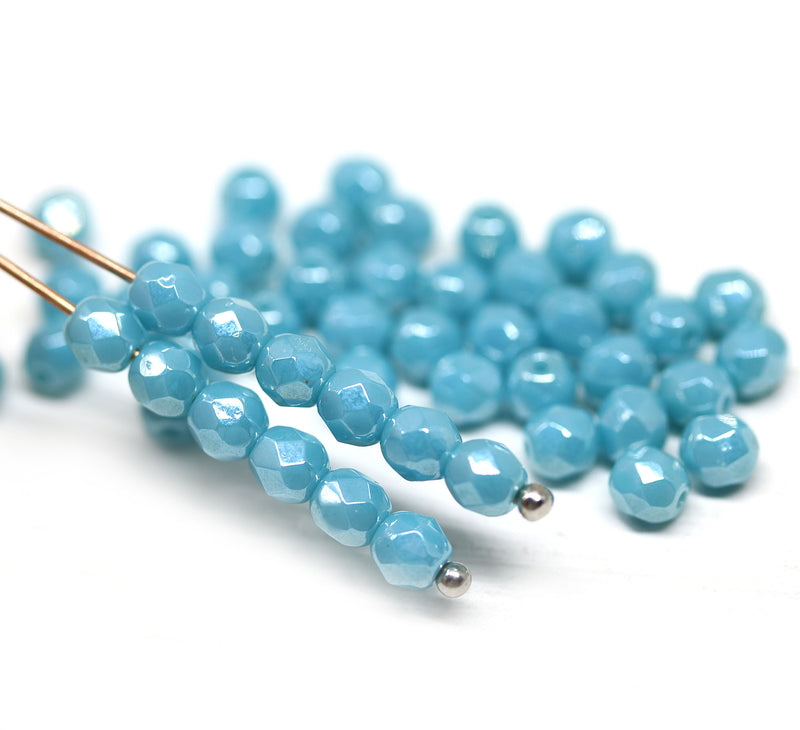 4mm Blue luster czech glass beads fire polished - 50Pc
