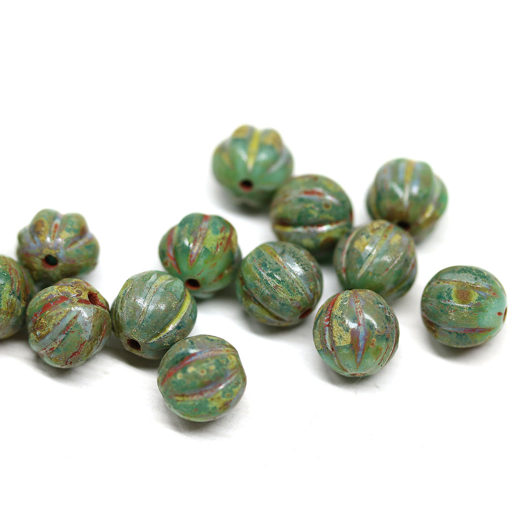 14x9mm Czech Glass Green Leaf Beads Olive Green Pressed Glass