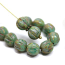 8mm Picasso green round Czech glass beads, Melon shape - 15pc