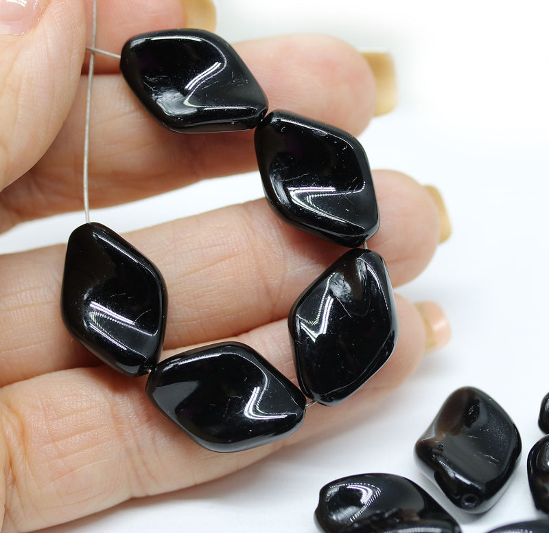 19x13mm Jet black oval Czech glass large wavy beads - 6Pc