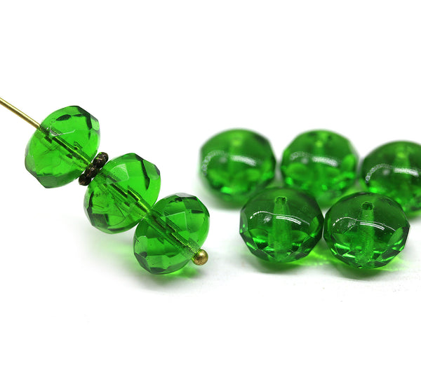 7x11mm Green transparent rondelle Czech glass beads fire polished, 8pc