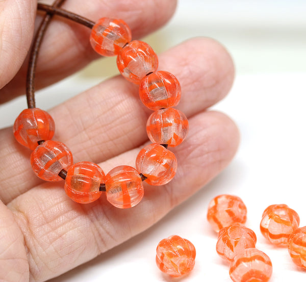 2.5mm hole orange stripes 8mm melon shape beads - 15pc