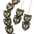 Black cat head beads, Golden wash Czech glass feline beads