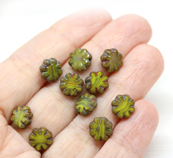 9mm Yellow green flower czech glass flat daisy beads picasso finish - 10pc