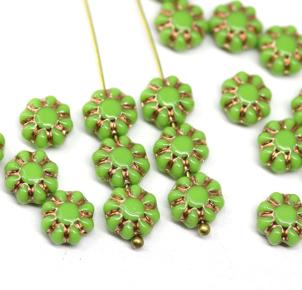 9mm Green czech glass beads copper inlays Daisy floral beads, 20Pc