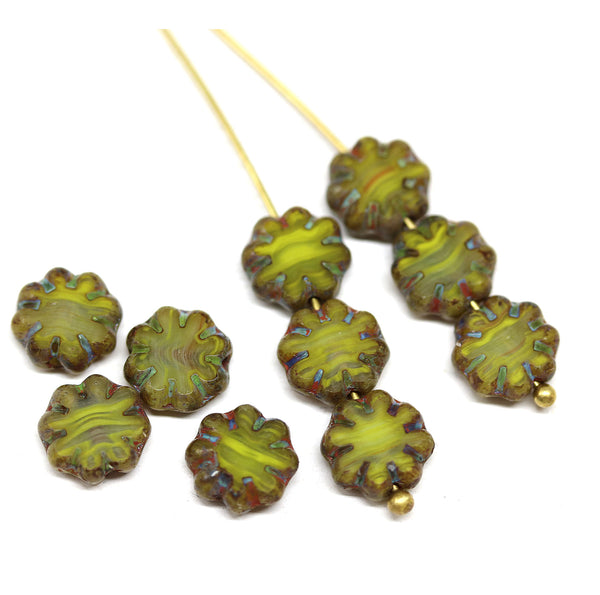 9mm Yellow green flower czech glass flat daisy beads picasso finish - 10pc