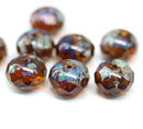 7x11mm Dark topaz rondelle picasso Czech glass beads fire polished, 8pc