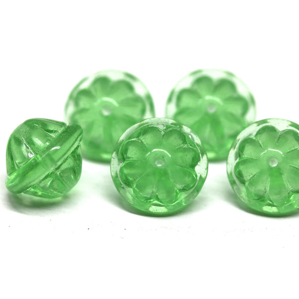 Large fancy bicone beads, Grass green carved authentic Czech glass